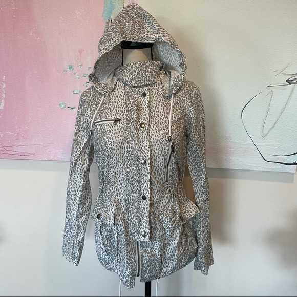 Joie Womens sz XS White Gray Barker Jacket a' Leopard Zip Toggle Hood - Picture 2 of 9